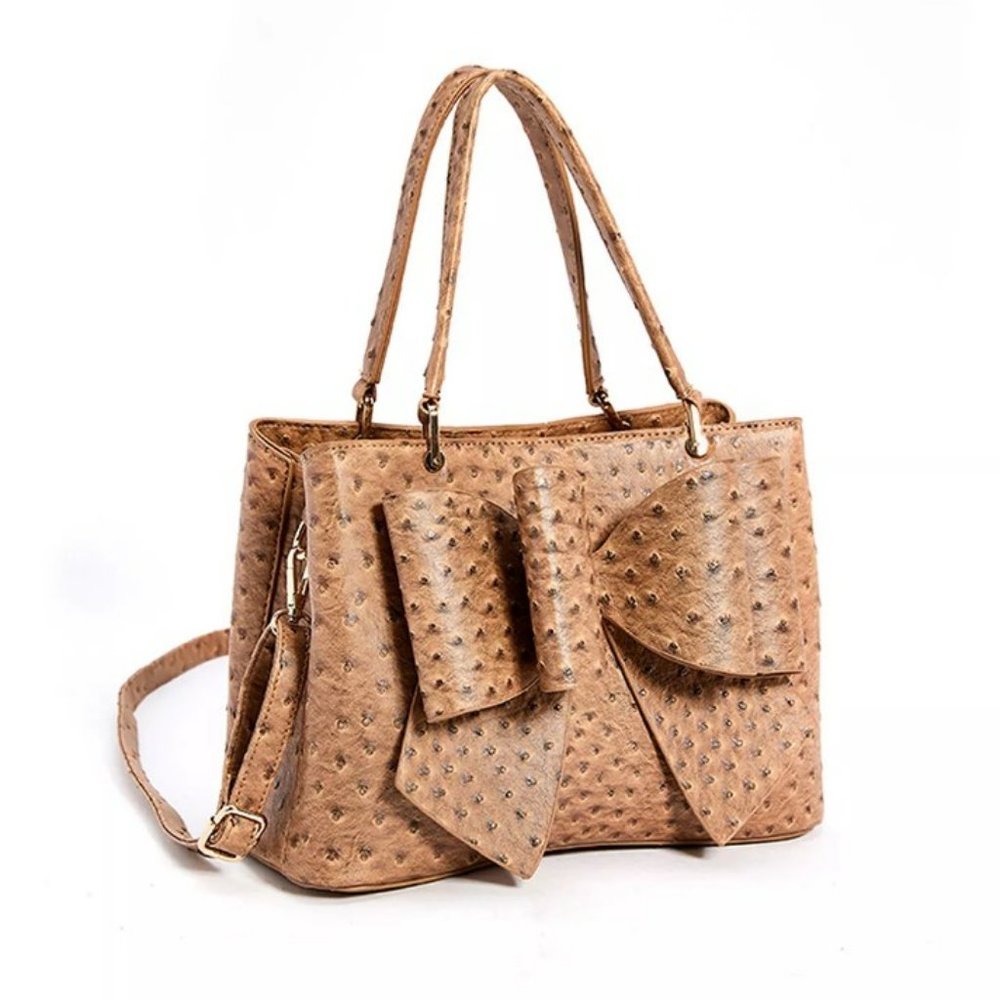 NEW!!! 3D Bow Vegan Leather 3-Way Wear Ostrich Beige Satchel, Crossbody Shoulder - Picture 3 of 13